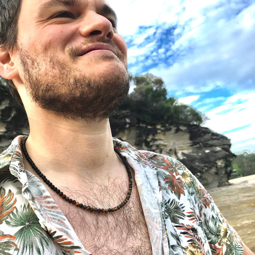 Empowerment For Men Tigers Eye and rainbow obsidian Necklace Model 2