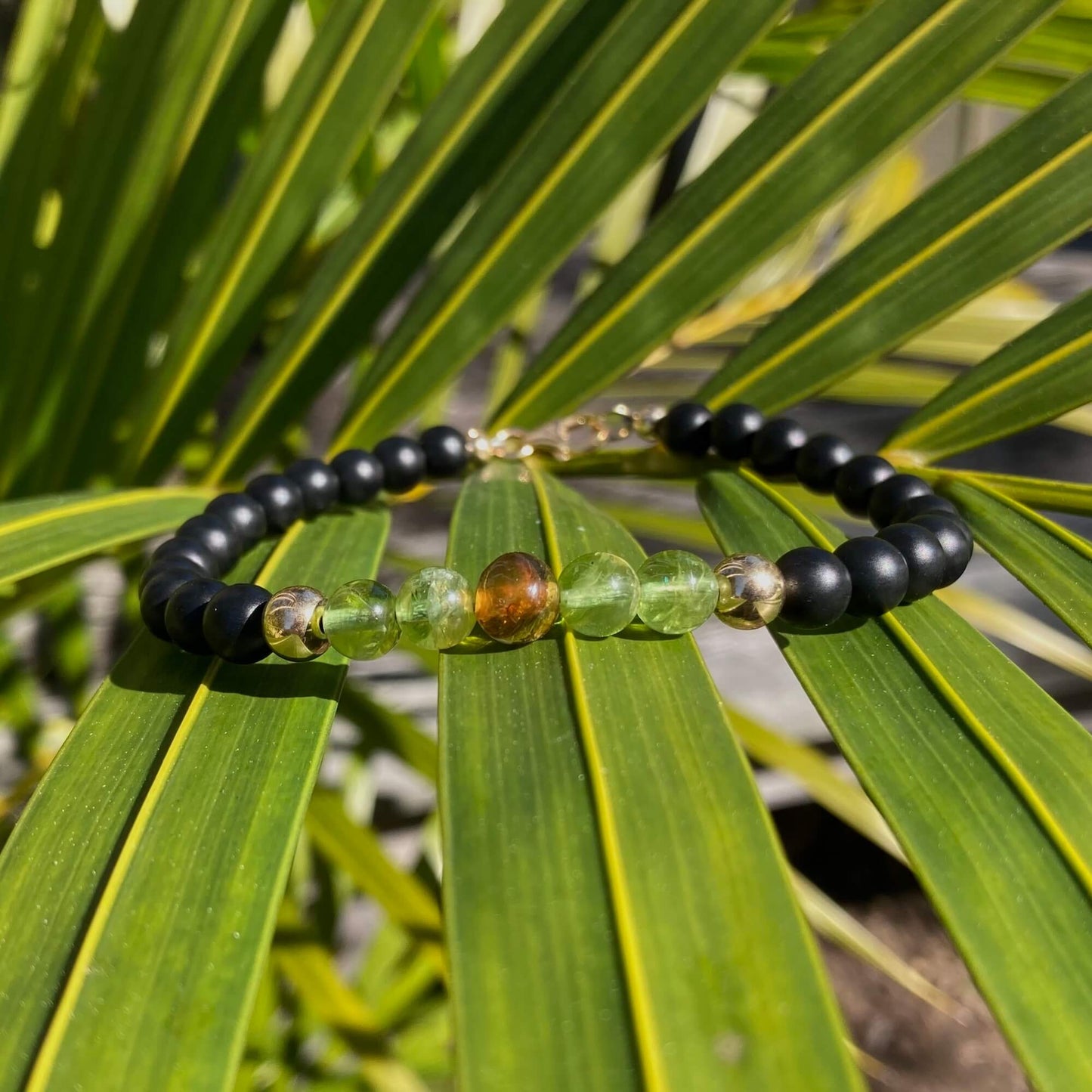 Amber, Peridot & Black Onyx - Gold Bracelet