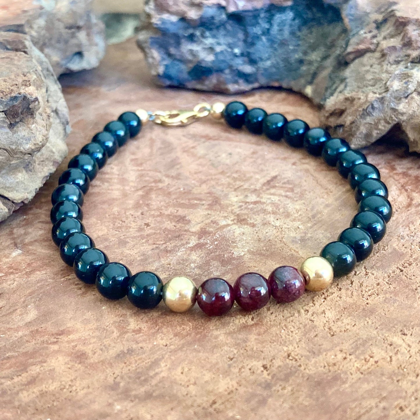 Embodying the Inner Warrior - Garnet & Black Obsidian - Gold Bracelet