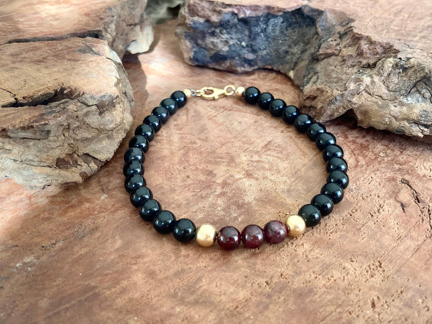 Embodying the Inner Warrior - Garnet & Black Obsidian - Gold Bracelet