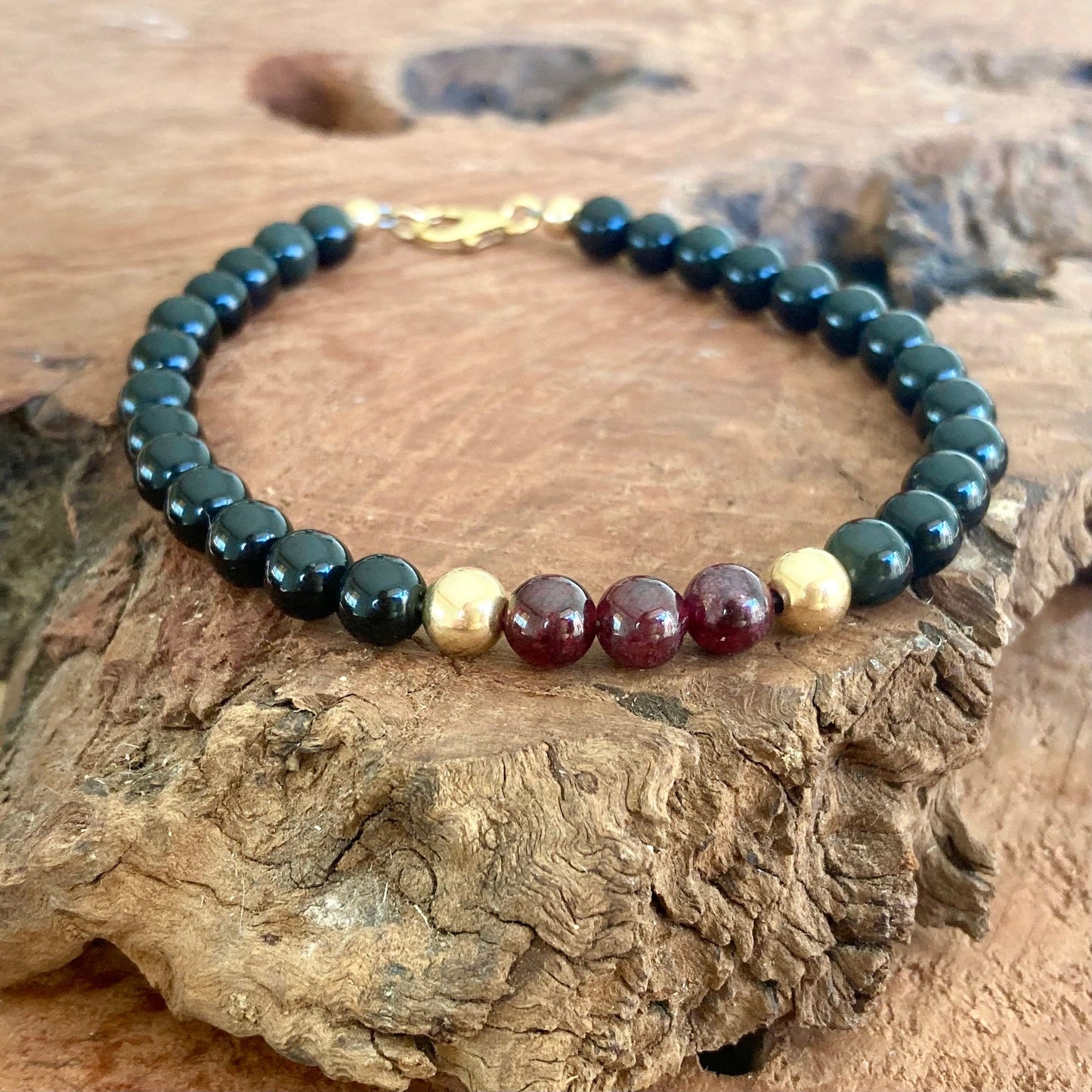 Embodying the Inner Warrior - Garnet & Black Obsidian - Gold Bracelet