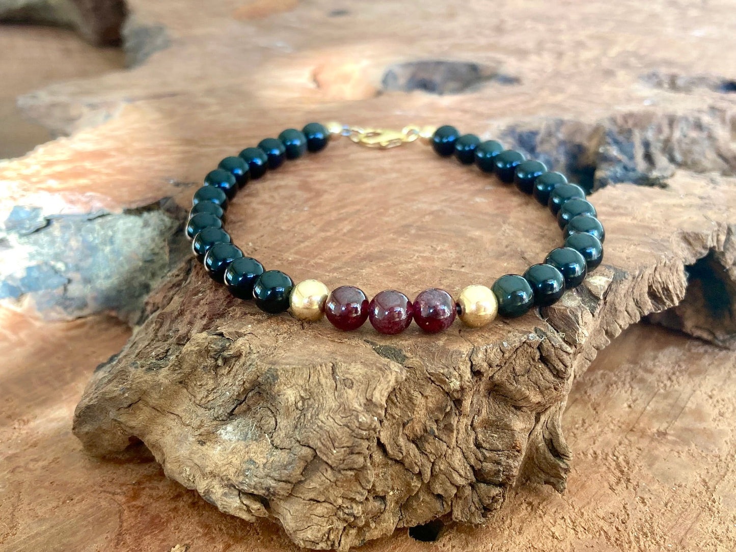 Embodying the Inner Warrior - Garnet & Black Obsidian - Gold Bracelet