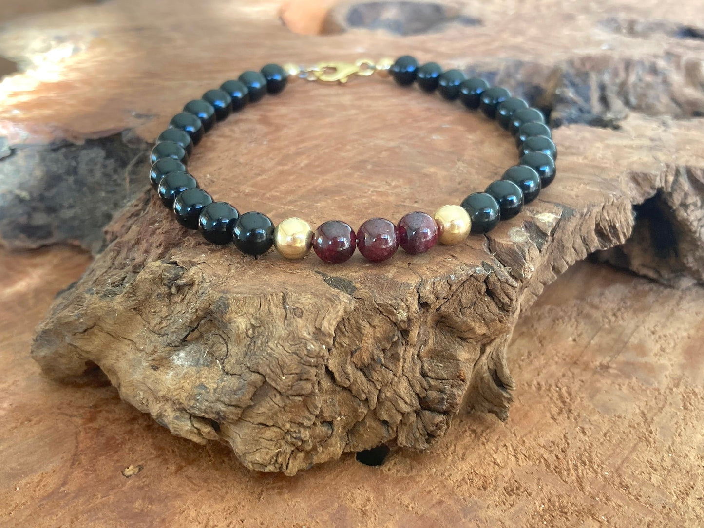 Embodying the Inner Warrior - Garnet & Black Obsidian - Gold Bracelet