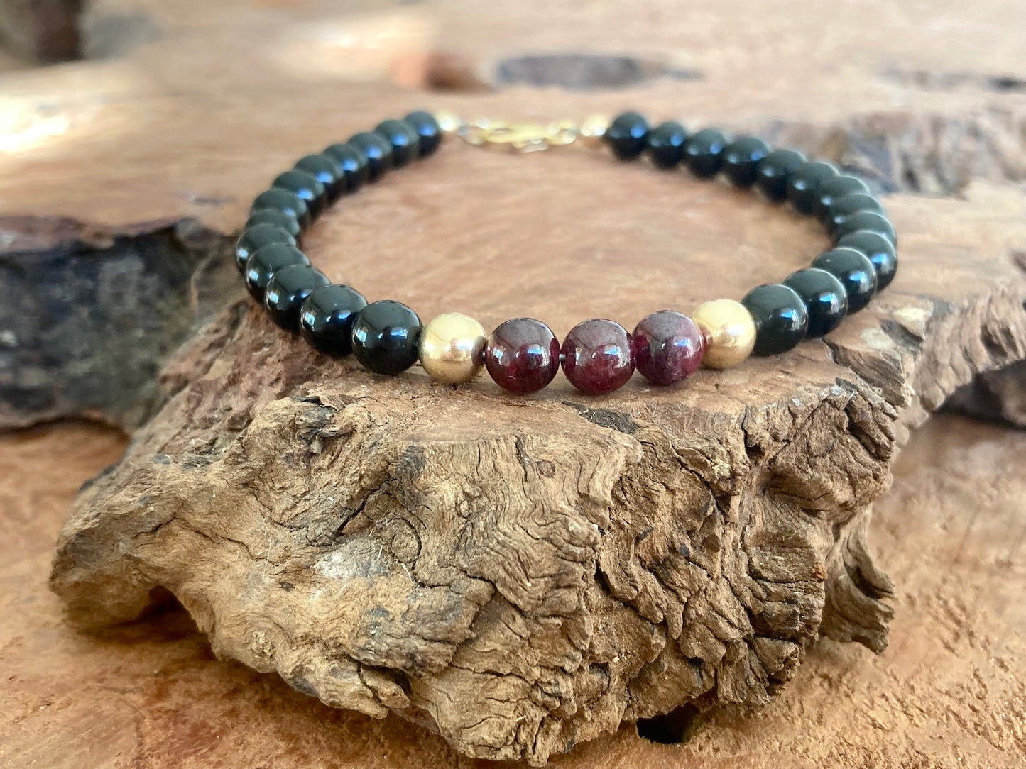 Embodying the Inner Warrior - Garnet & Black Obsidian - Gold Bracelet