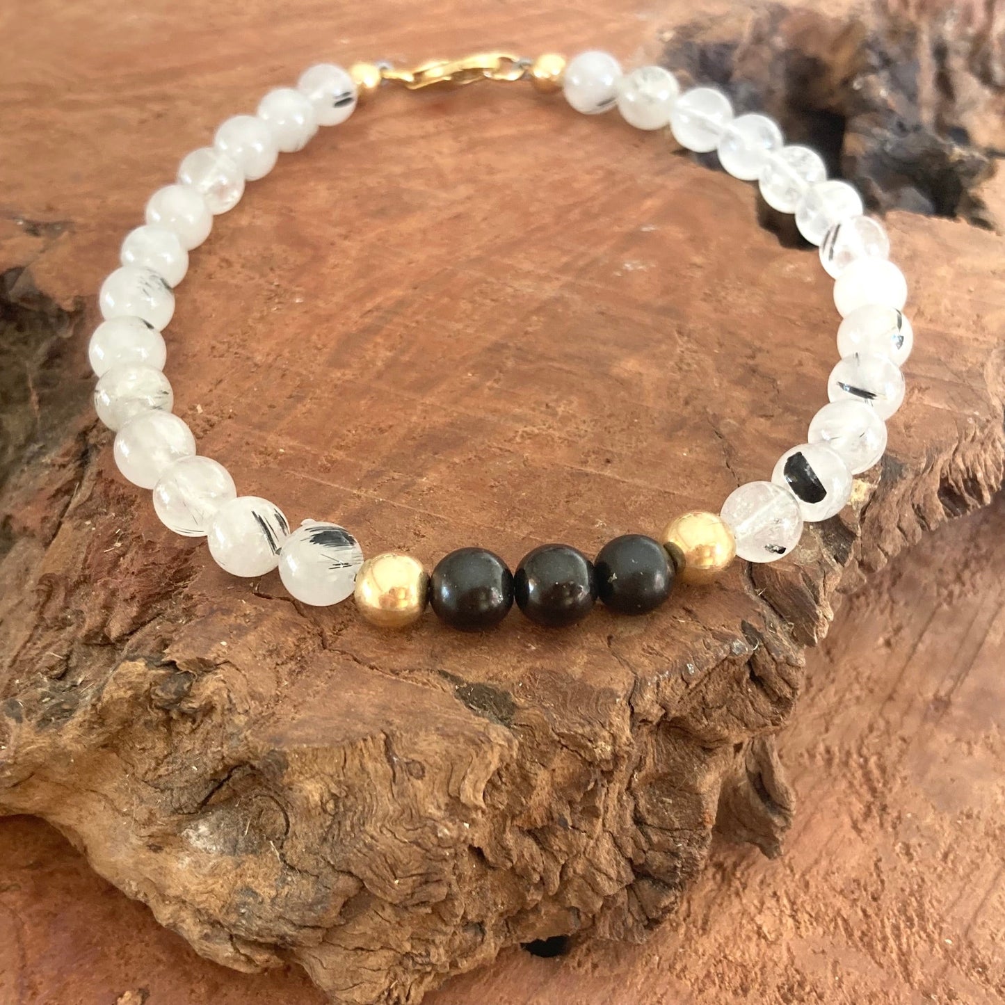 Duality - Shungite & Tourmalinated Quartz - Gold Bracelet