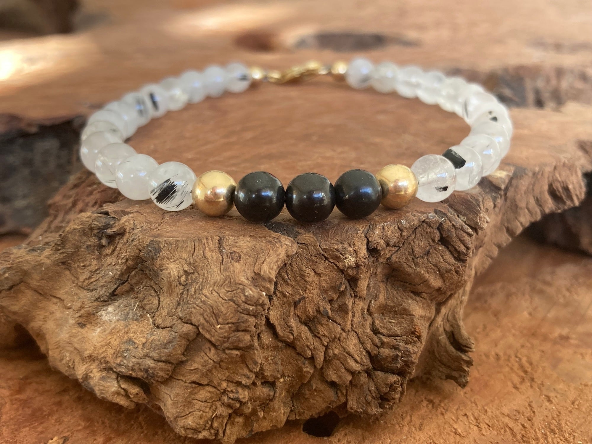 Duality - Shungite & Tourmalinated Quartz - Gold Bracelet