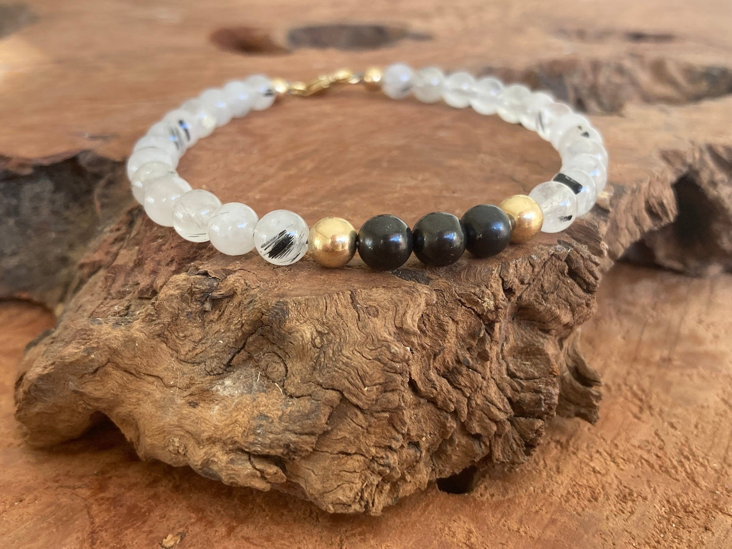 Duality - Shungite & Tourmalinated Quartz - Gold Bracelet