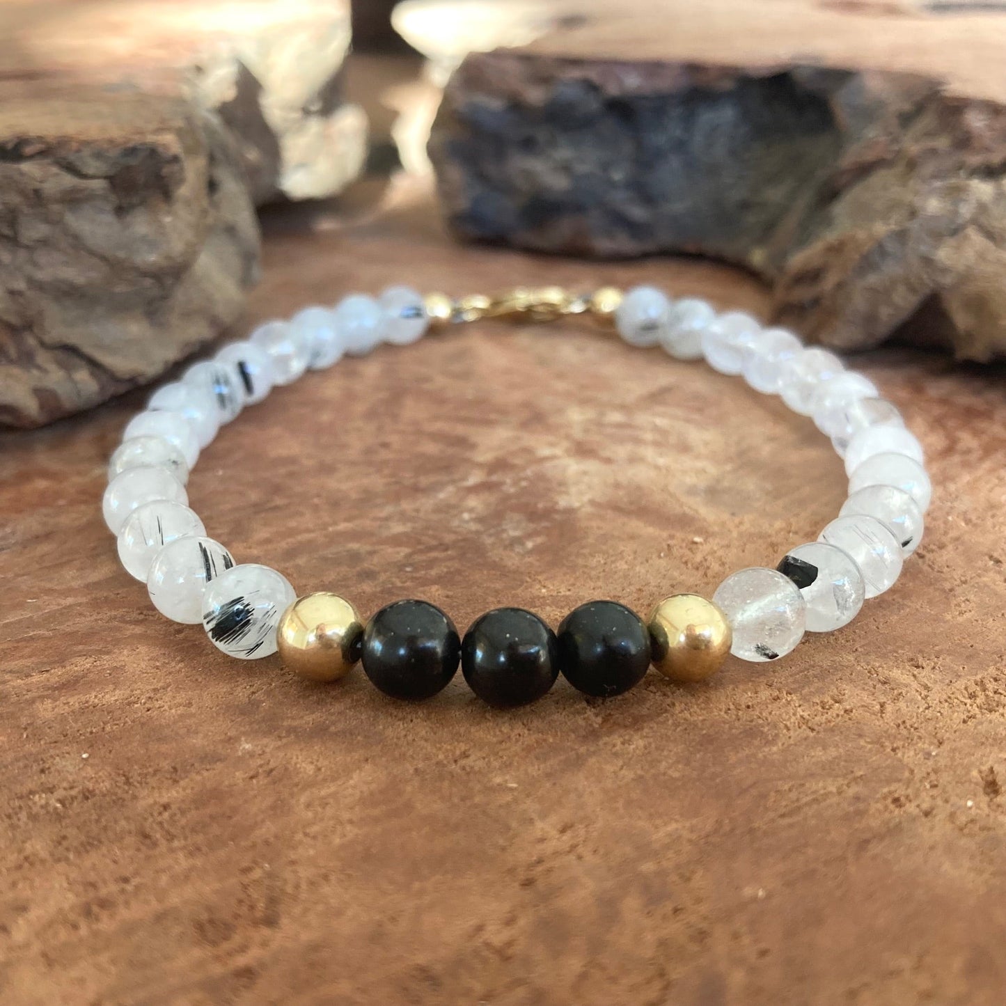 Duality - Shungite & Tourmalinated Quartz - Gold Bracelet