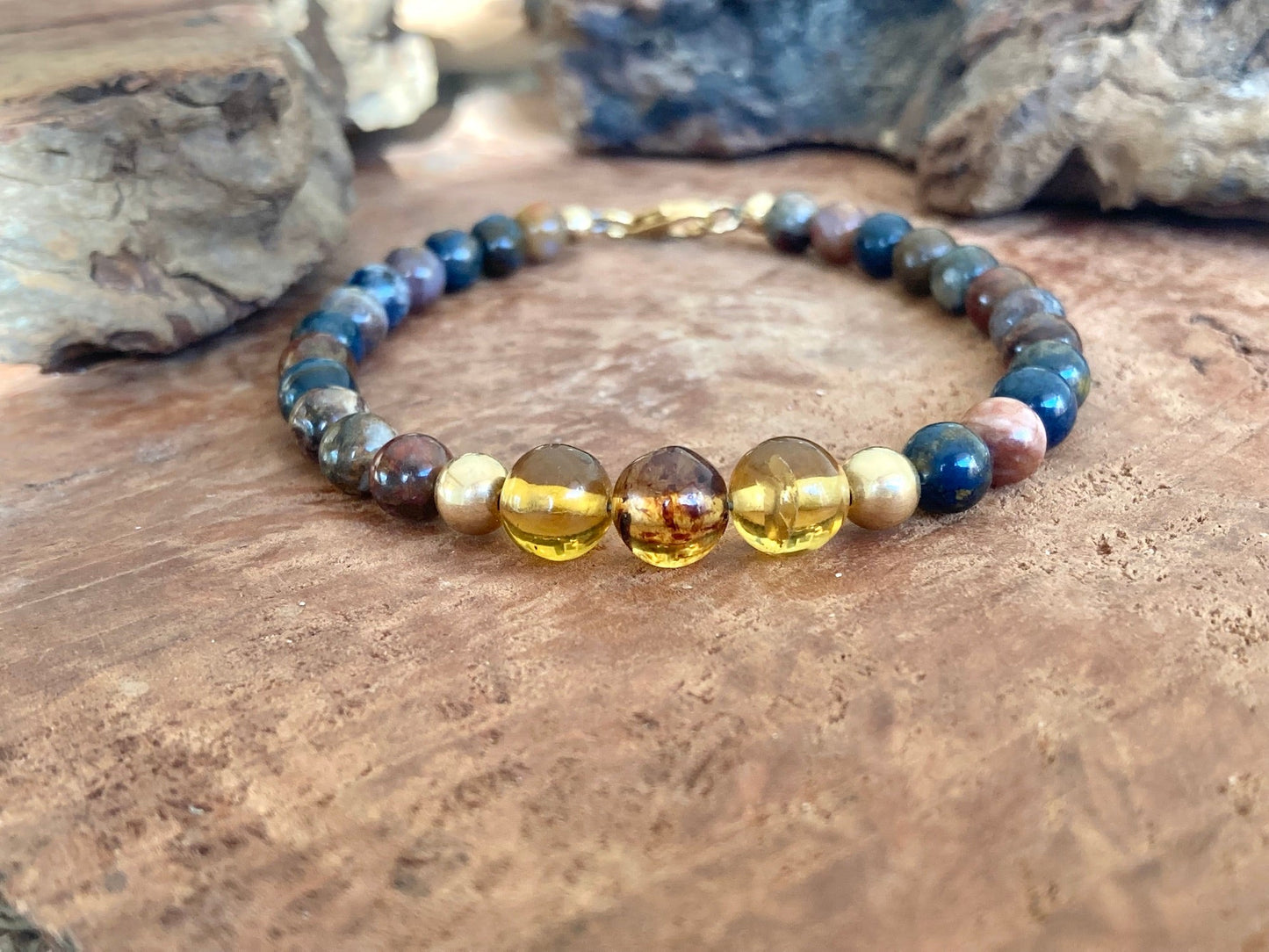 Be The Change - Amber & Pietersite - Gold Bracelet