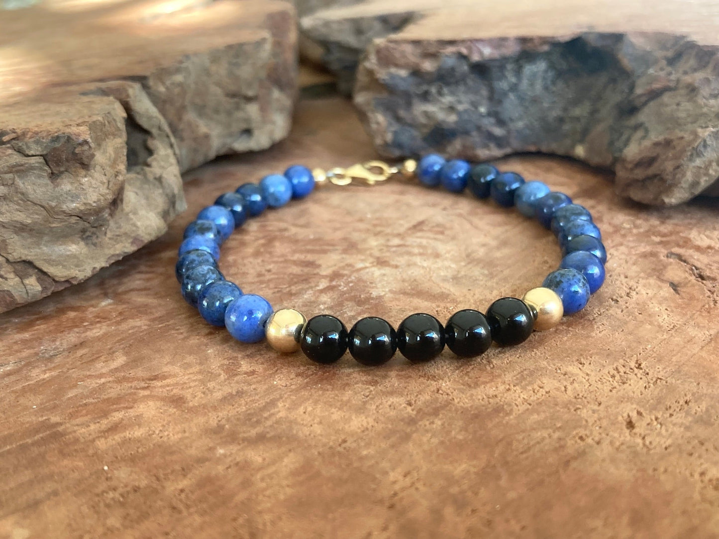 Mastering My Own Reality - Dumortierite & Black Onyx - Gold Bracelet