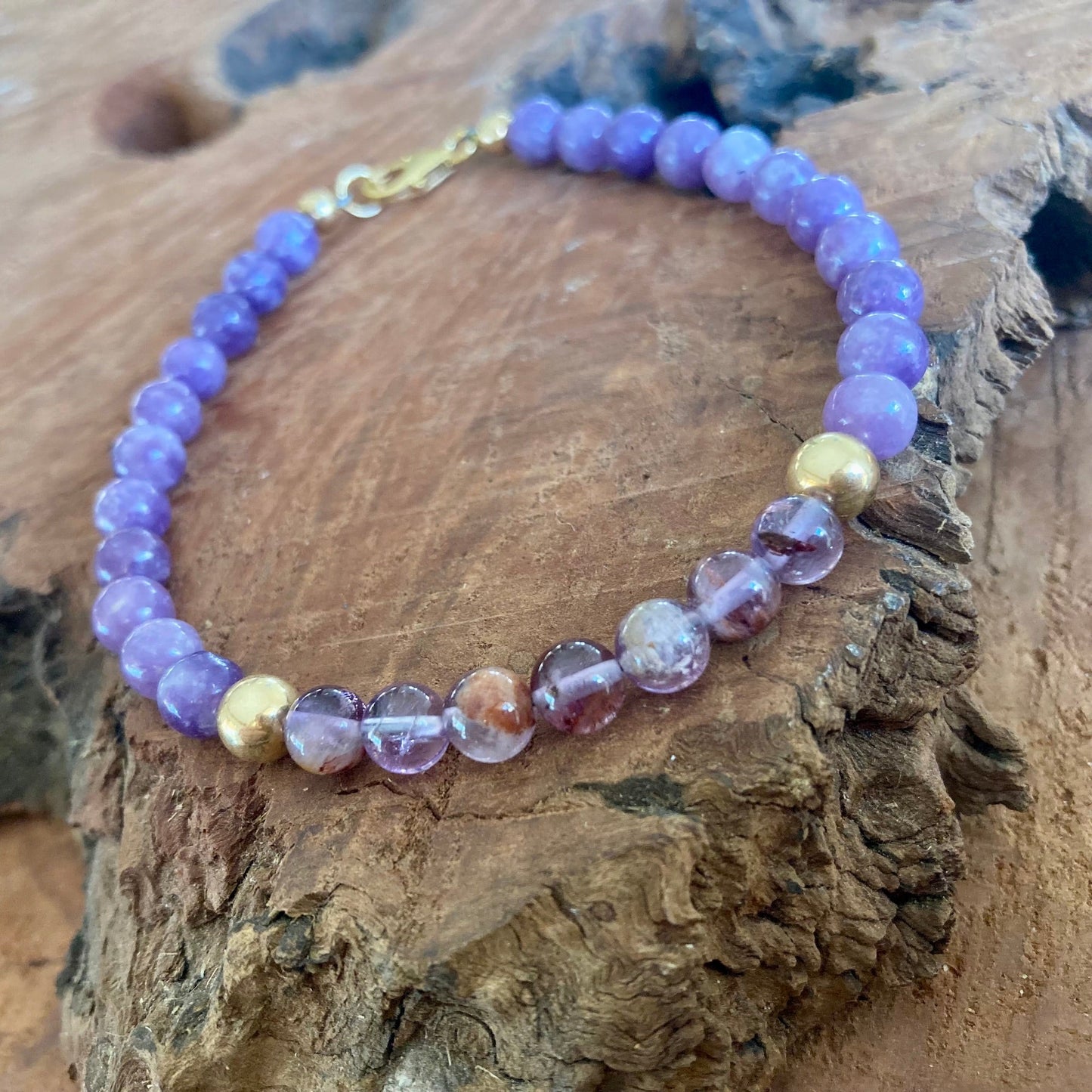 You Are Your Own Guru - Phosphosiderite & Purple Lodolite - Gold Bracelet