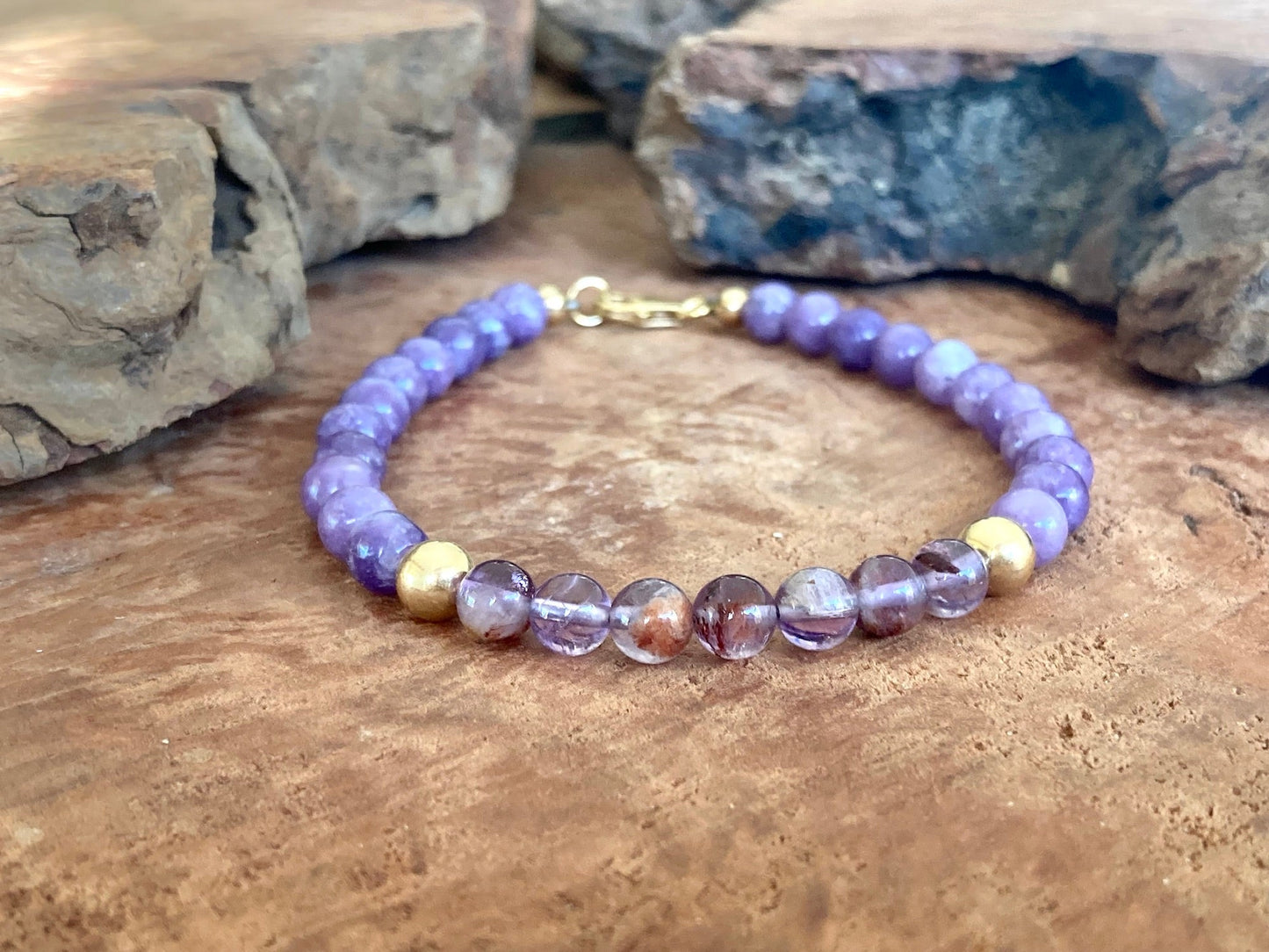 You Are Your Own Guru - Phosphosiderite & Purple Lodolite - Gold Bracelet