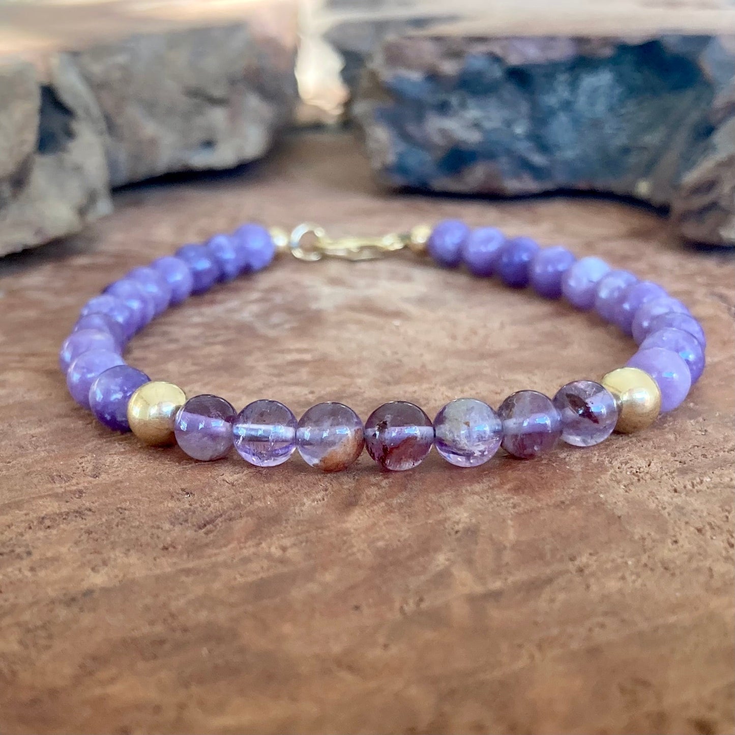 You Are Your Own Guru - Phosphosiderite & Purple Lodolite - Gold Bracelet