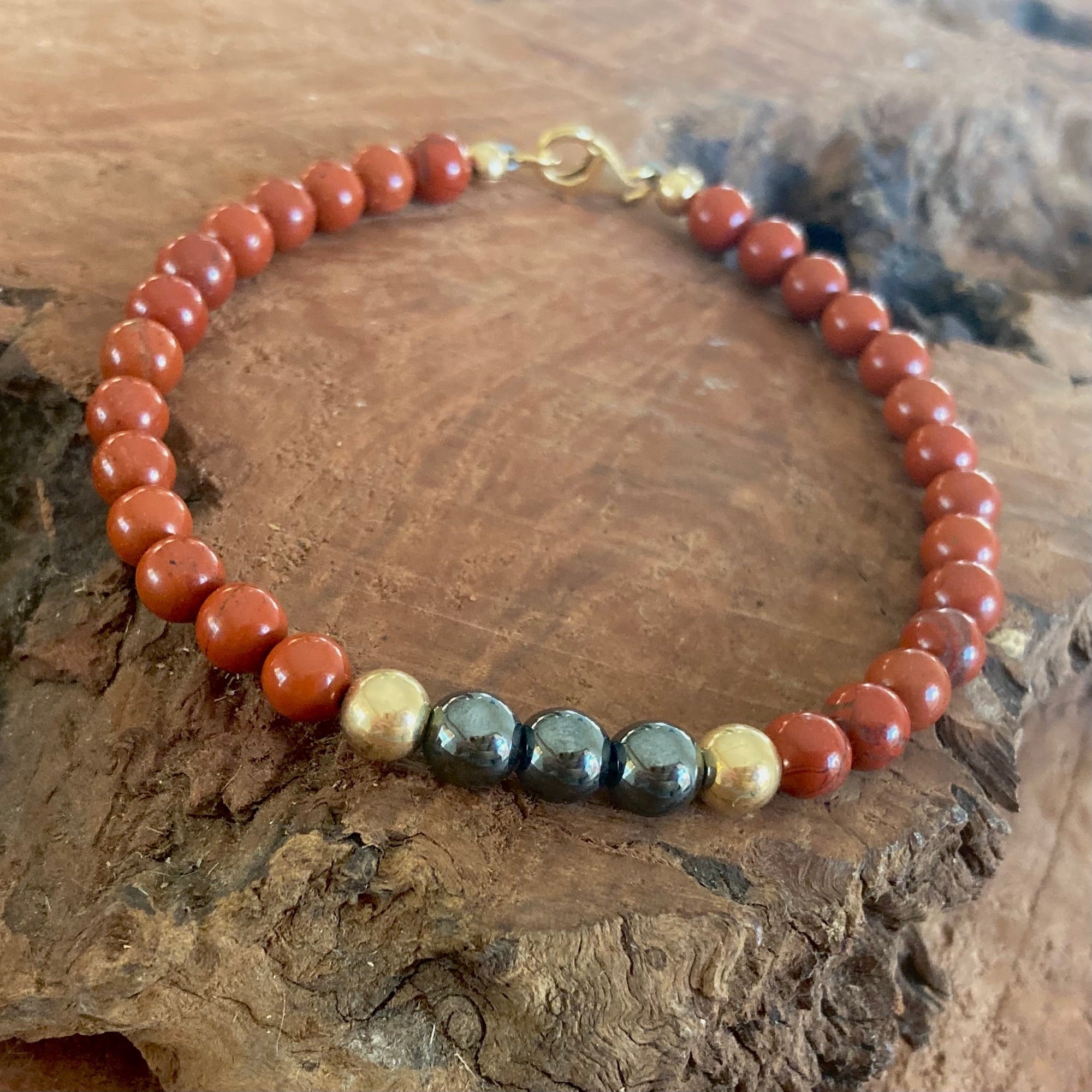 Unshakeable Soul - Red Jasper & Hematite - Gold Bracelet