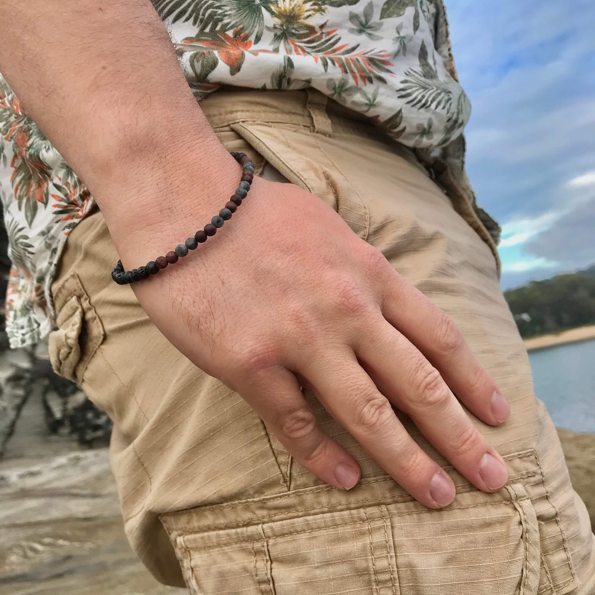 Red Tigers Eye and Larvikite Diffuser lava stone bracelet
