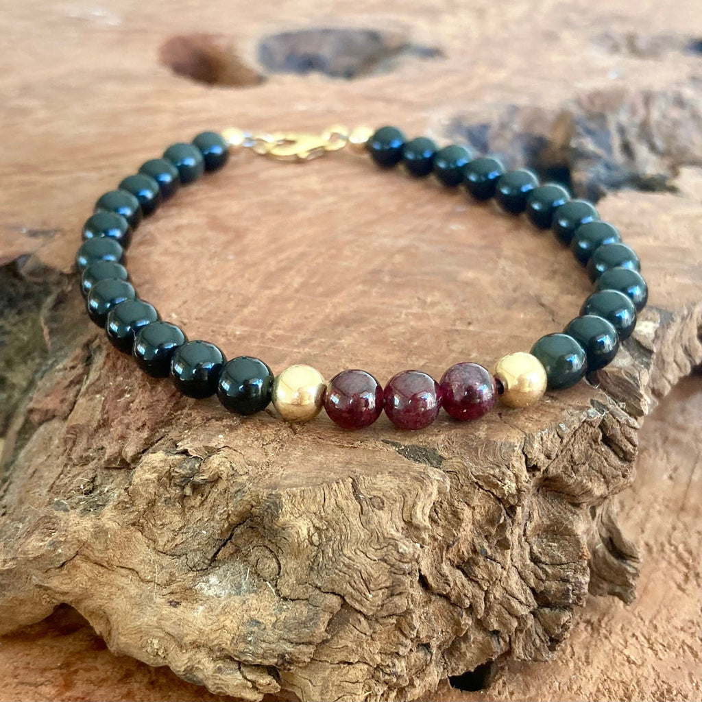 Australian handmade men's bracelet with garnet stones and gold findings
