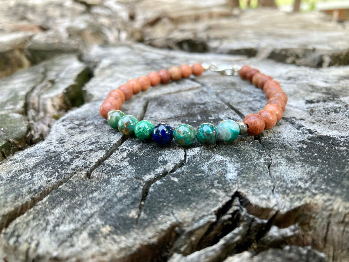 Azurite and natural wood men's bracelet on cracked timber