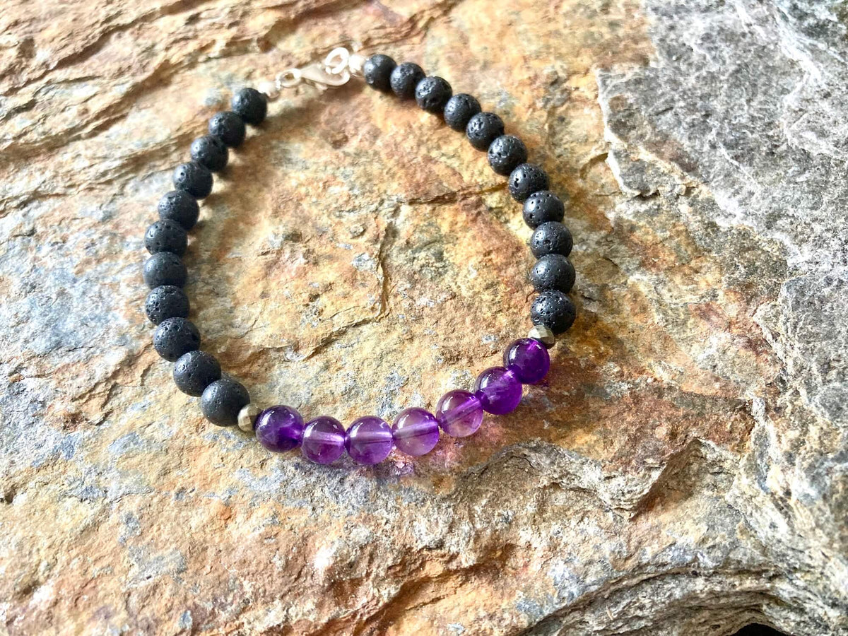 Close-up of deep purple amethyst beads on the Zen bracelet