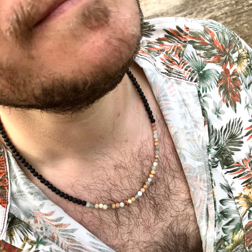 Close-up of the Vitality necklace worn with an open floral shirt