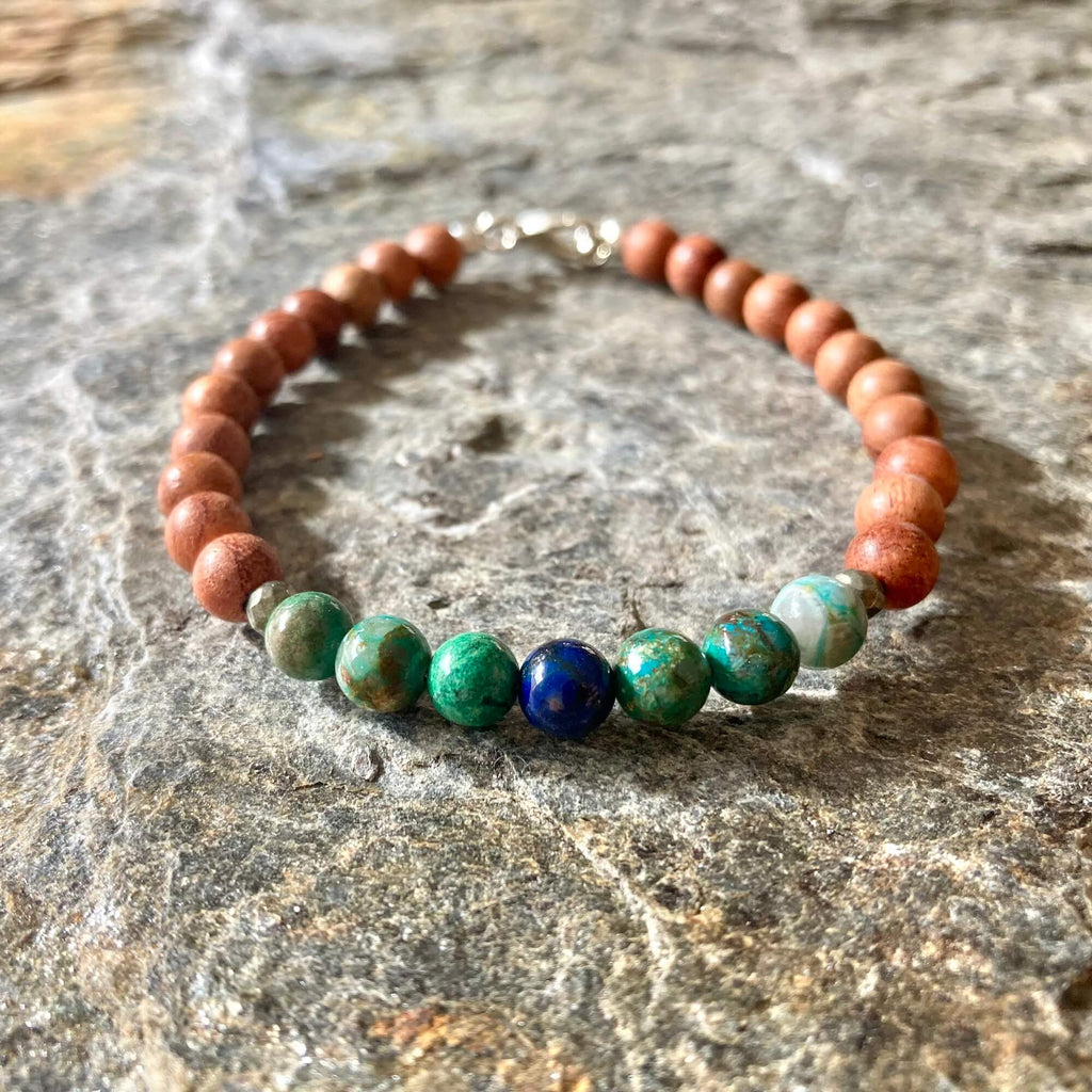 Inner Wisdom men's bracelet: green and deep blue azurite with natural wood beads, on stone