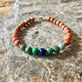 Inner Wisdom men's bracelet: green and deep blue azurite with natural wood beads, on stone