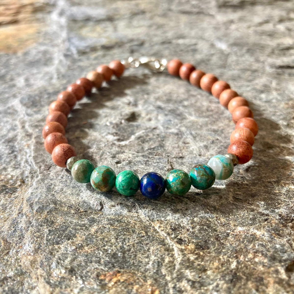 Inner Wisdom men's bracelet: green and deep blue azurite with natural wood beads, on stone