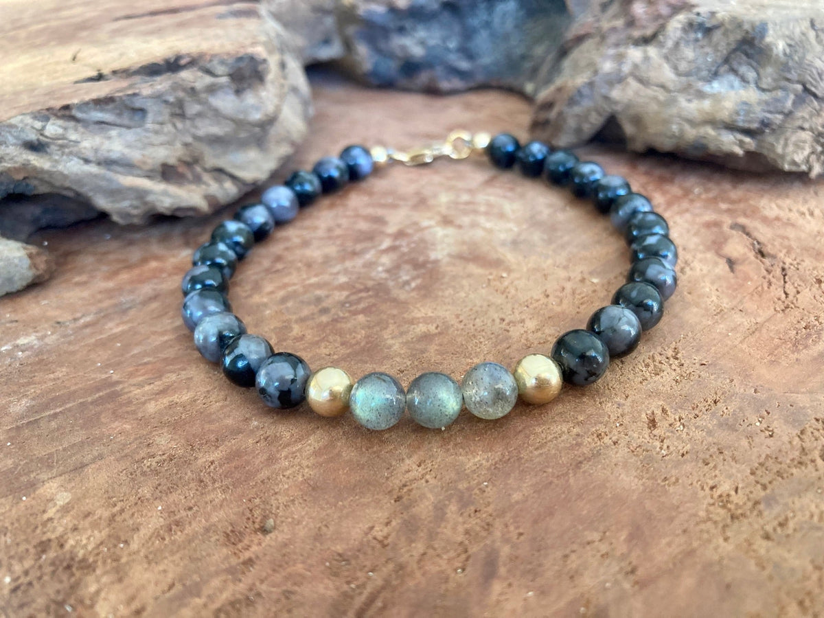 Labradorite beads with a soft flash between gold-fill on The Shadow Walker bracelet