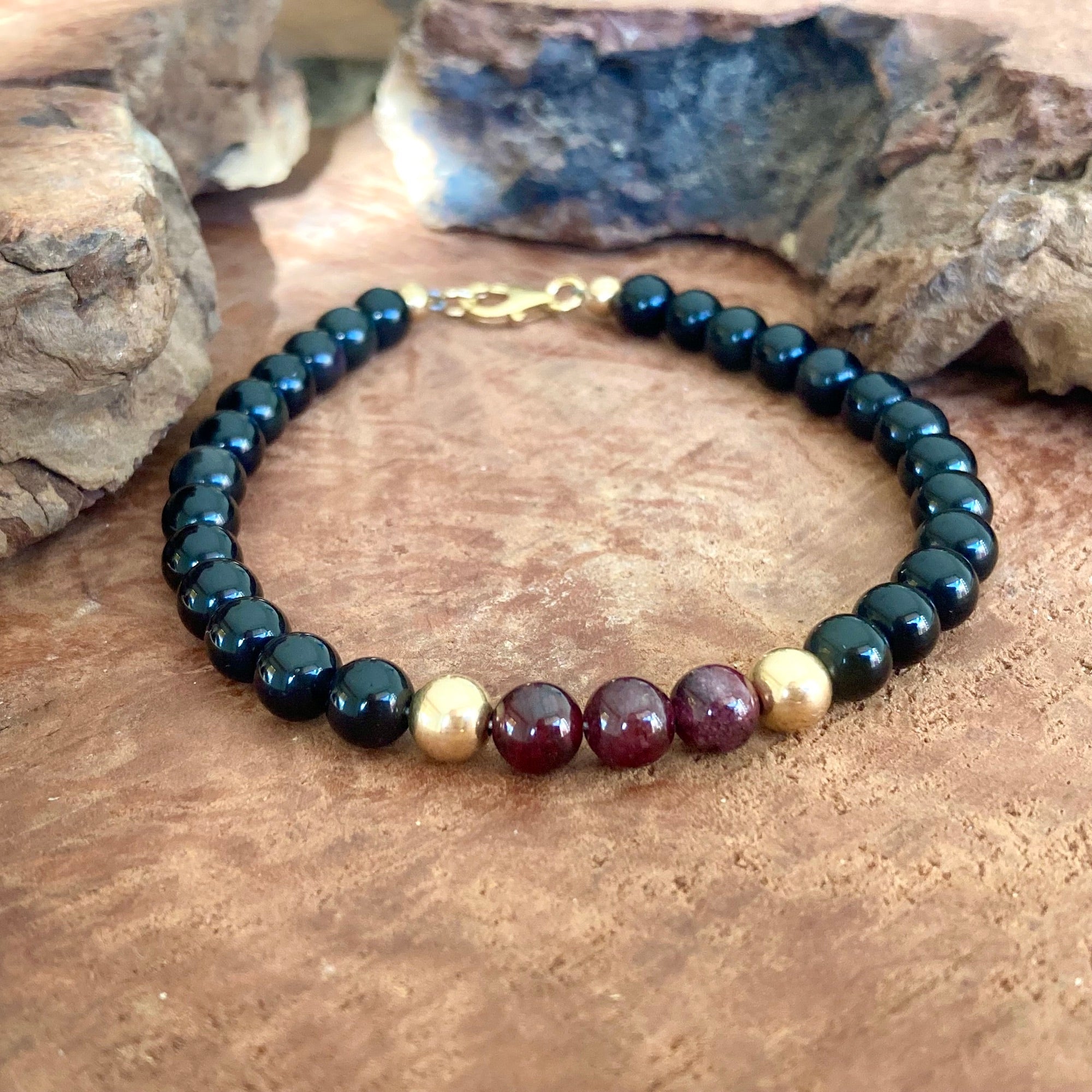 Men's garnet and black obsidian bracelet with 14k gold-filled findings